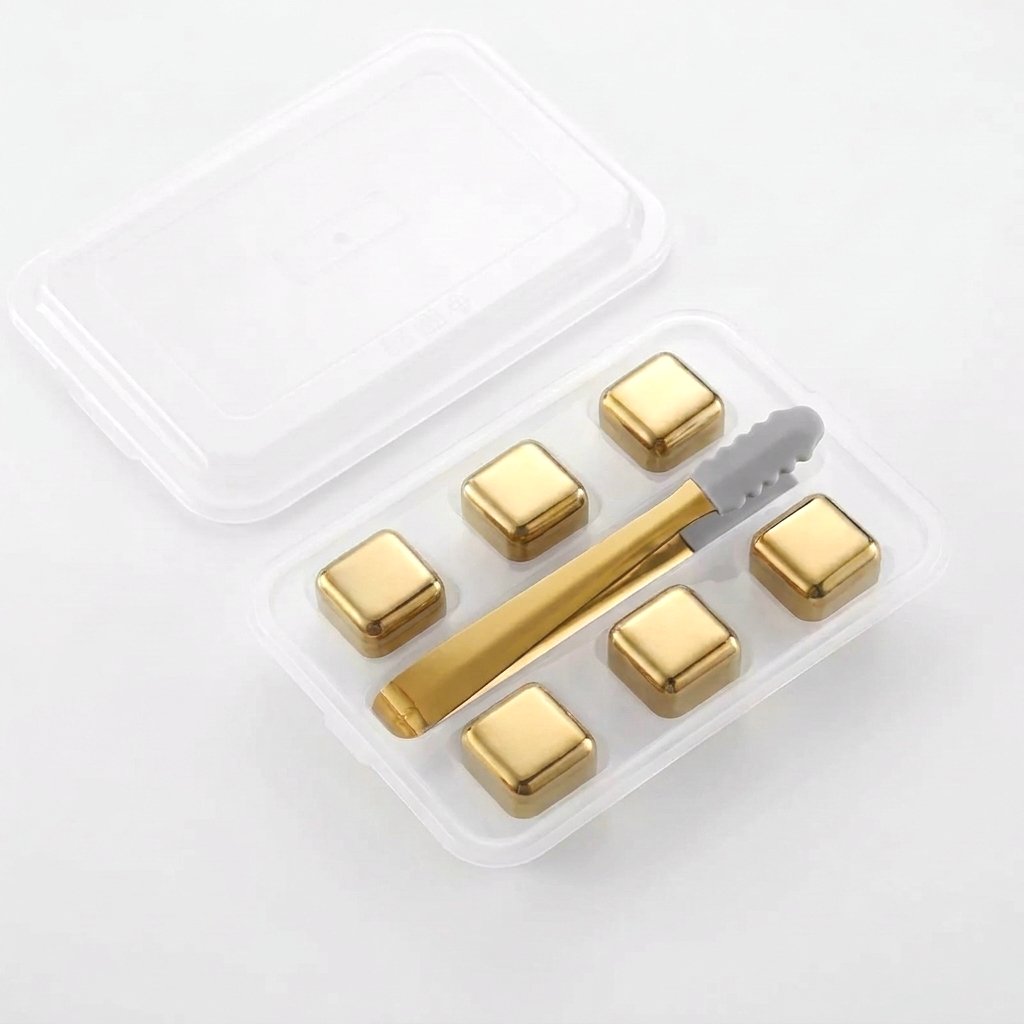 Six plain gold chilling stones in a clear tray with gold tongs on a white background