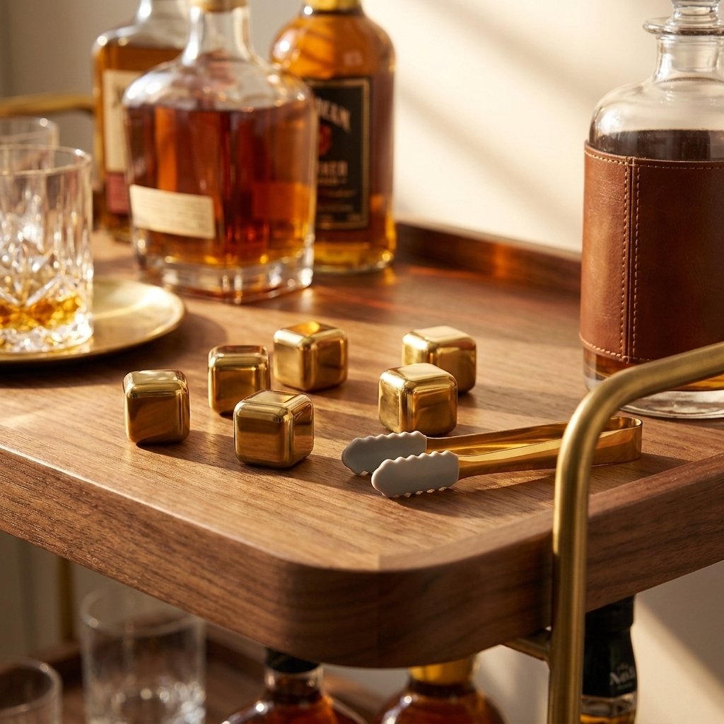 Six gold chilling stones and gold tongs on a walnut bar cart tray beside a decanter and whiskey bottles