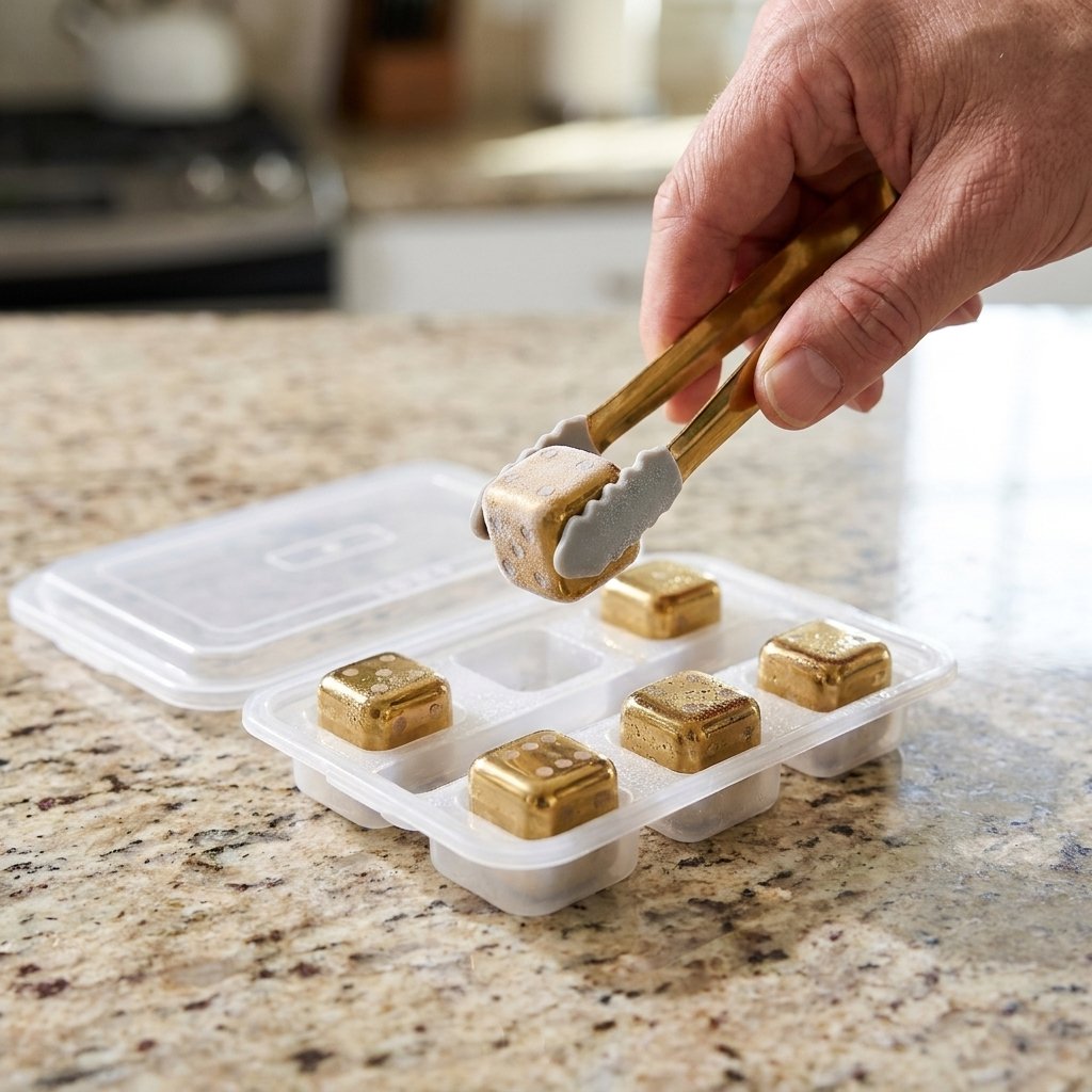 Hand using tongs to lift a gold dice chilling stone from a clear tray of six on a granite countertop