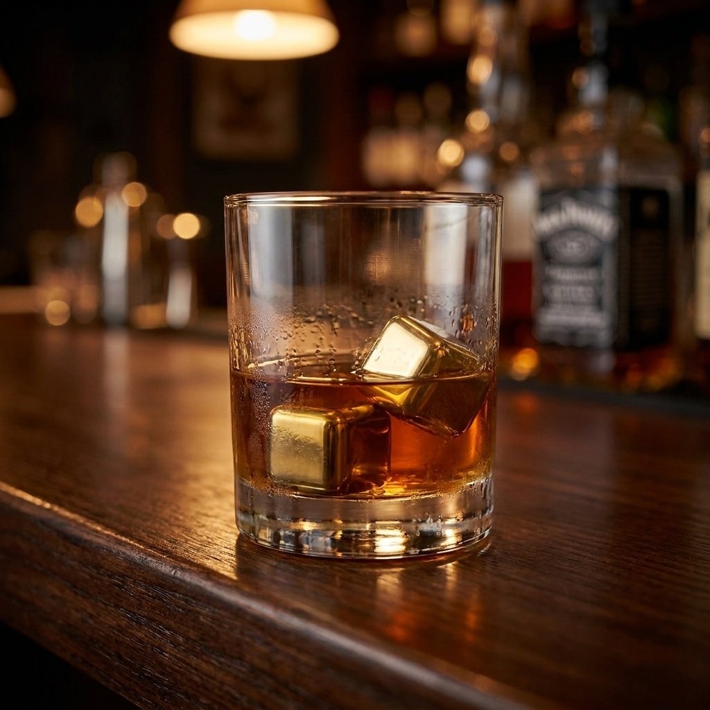Two gold chilling stones in a tumbler of whiskey on a dark wood bar