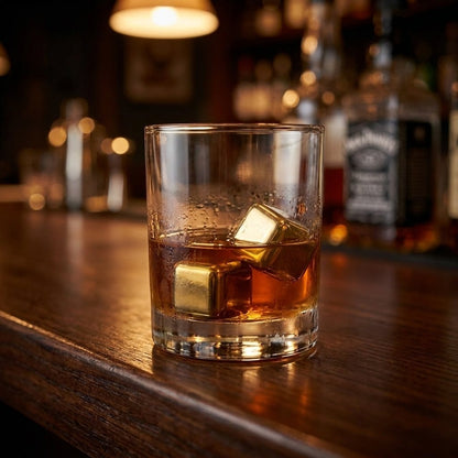Two gold chilling stones in a tumbler of whiskey on a dark wood bar