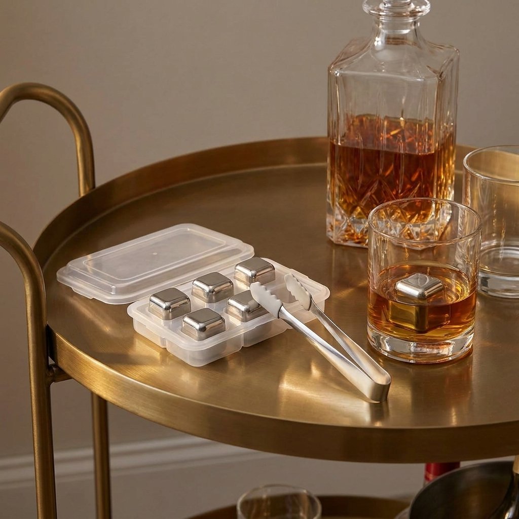 Silver chilling stones in a clear tray with silver tongs on a brass bar cart tray beside a whiskey tumbler and decanter