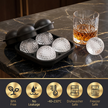 Golf ball-shaped ice molds with a glass of whiskey on a marble surface, featuring product features at the bottom.