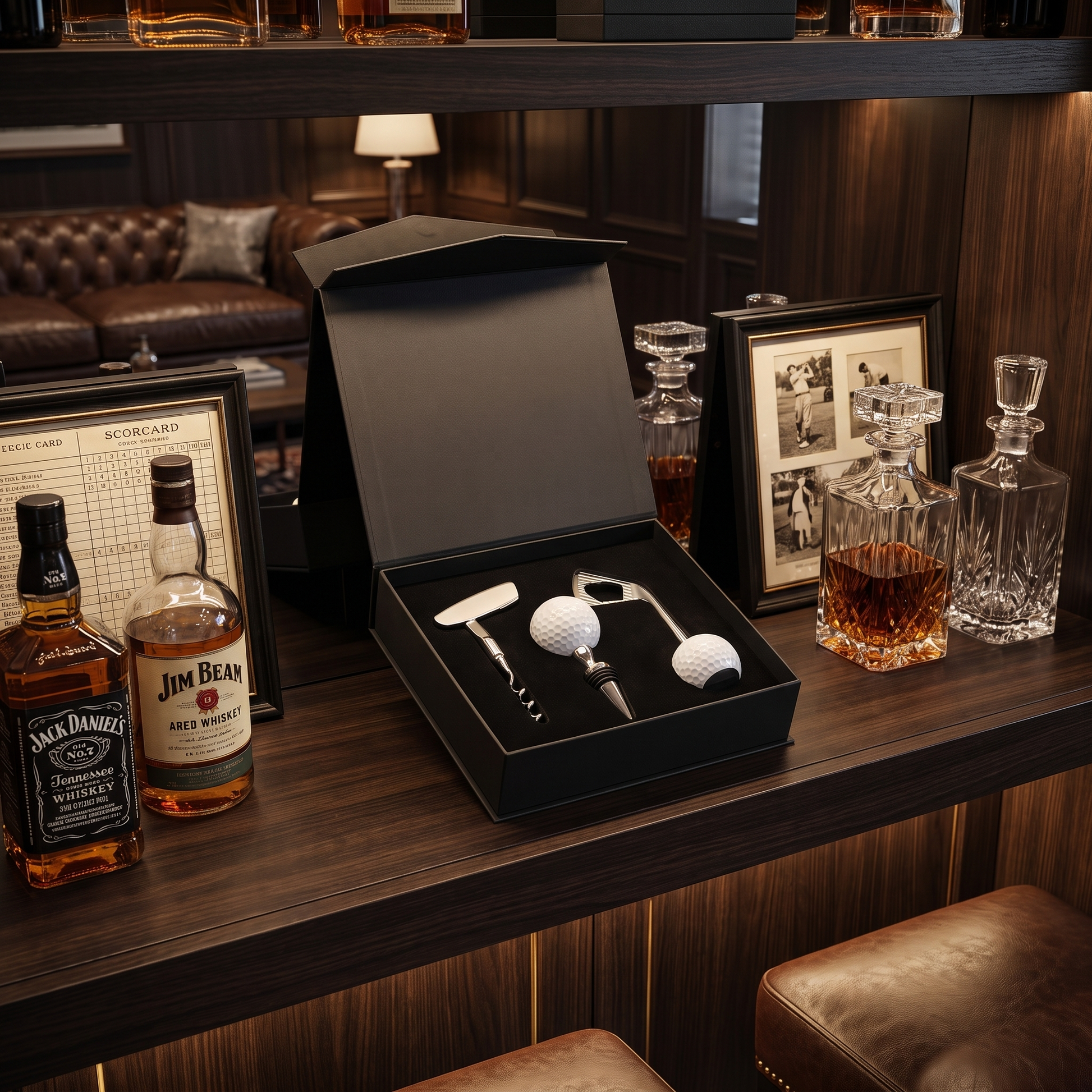 Bar setup with whiskey bottles, decanter, and golf bar accessories on a wooden shelf.