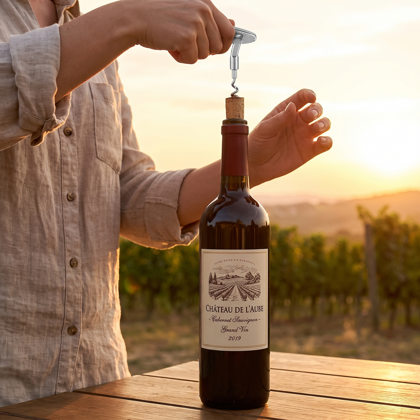 Person opening a bottle of Chateau de l'Aube wine with a sunset in the background with a golf inspired bottle opener.