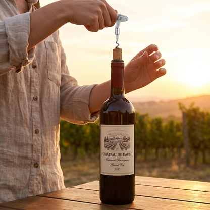 Person opening a bottle of Chateau de l'Aube wine with a sunset in the background with a golf inspired bottle opener.