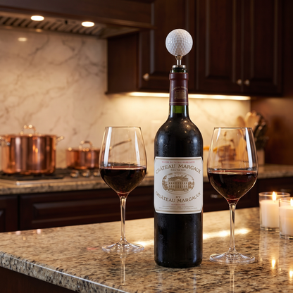 Golf bottle stopper on a red bottle of wine in the kitchen.