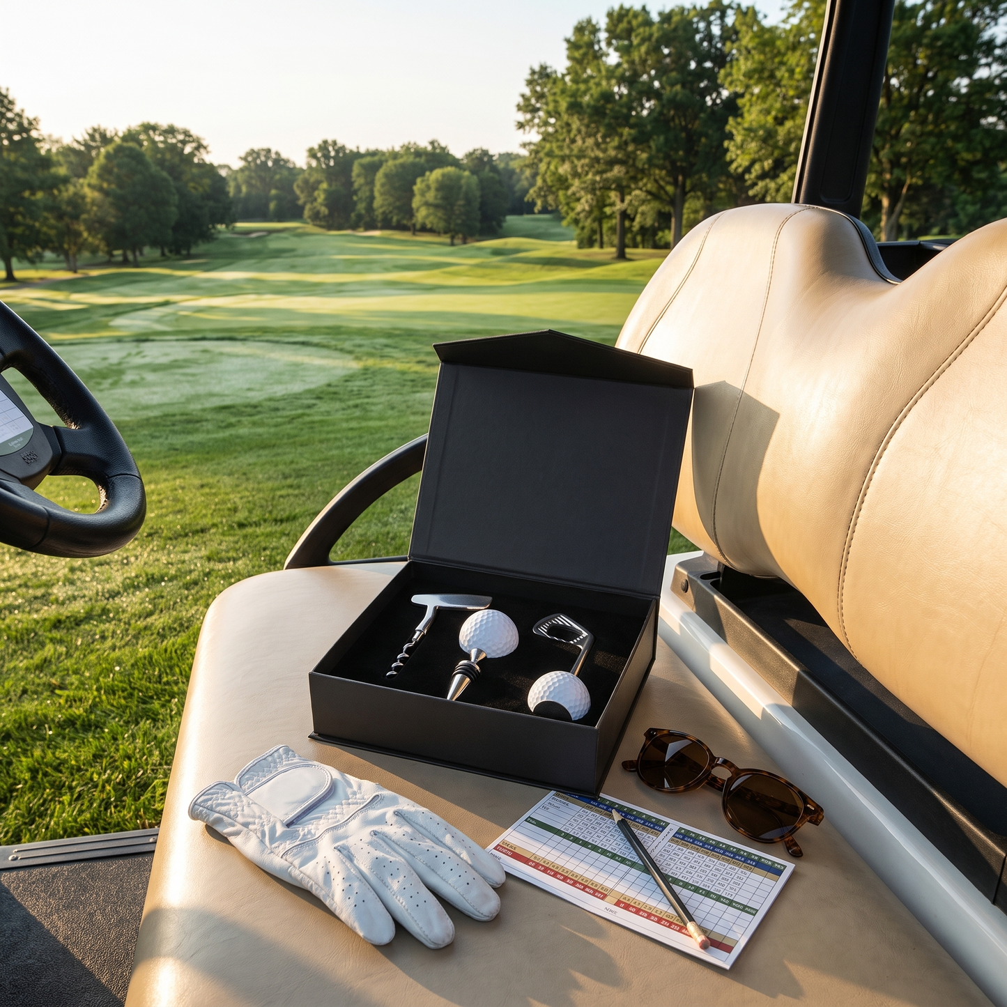 Golf-themed gift set on a golf cart seat with a golf course in the background