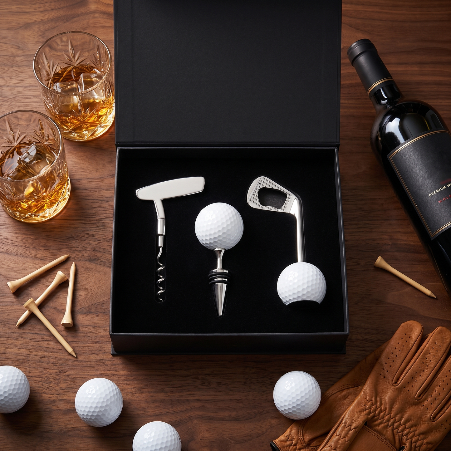 Golf-themed corkscrew and bottle stopper set in a box on a wooden table with golf balls and a wine bottle.