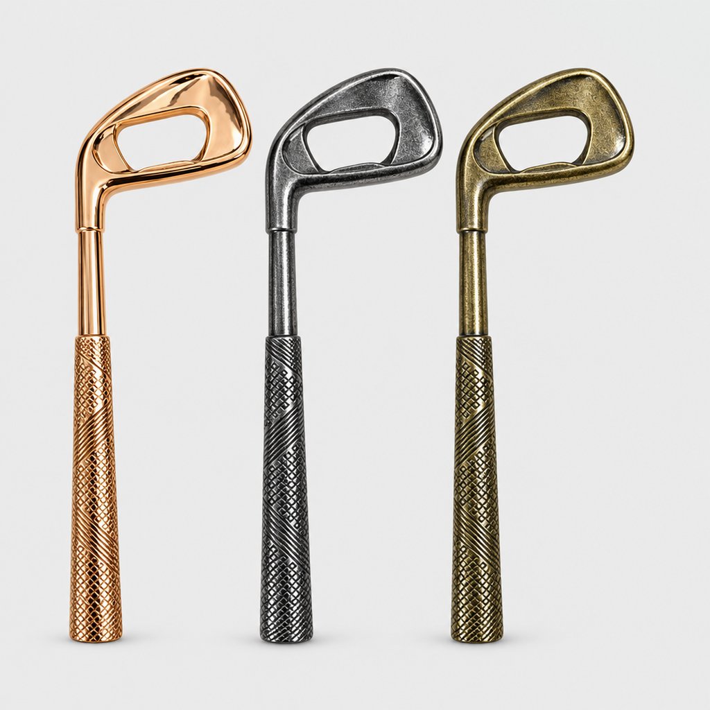 Three golf club shaped bottle openers in gold, silver and bronze finishes side by side on a plain light background