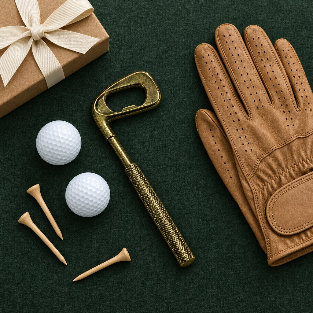 Bronze golf club shaped bottle opener on a dark green cloth beside two golf balls, wooden tees, a tan golf glove and a wrapped gift