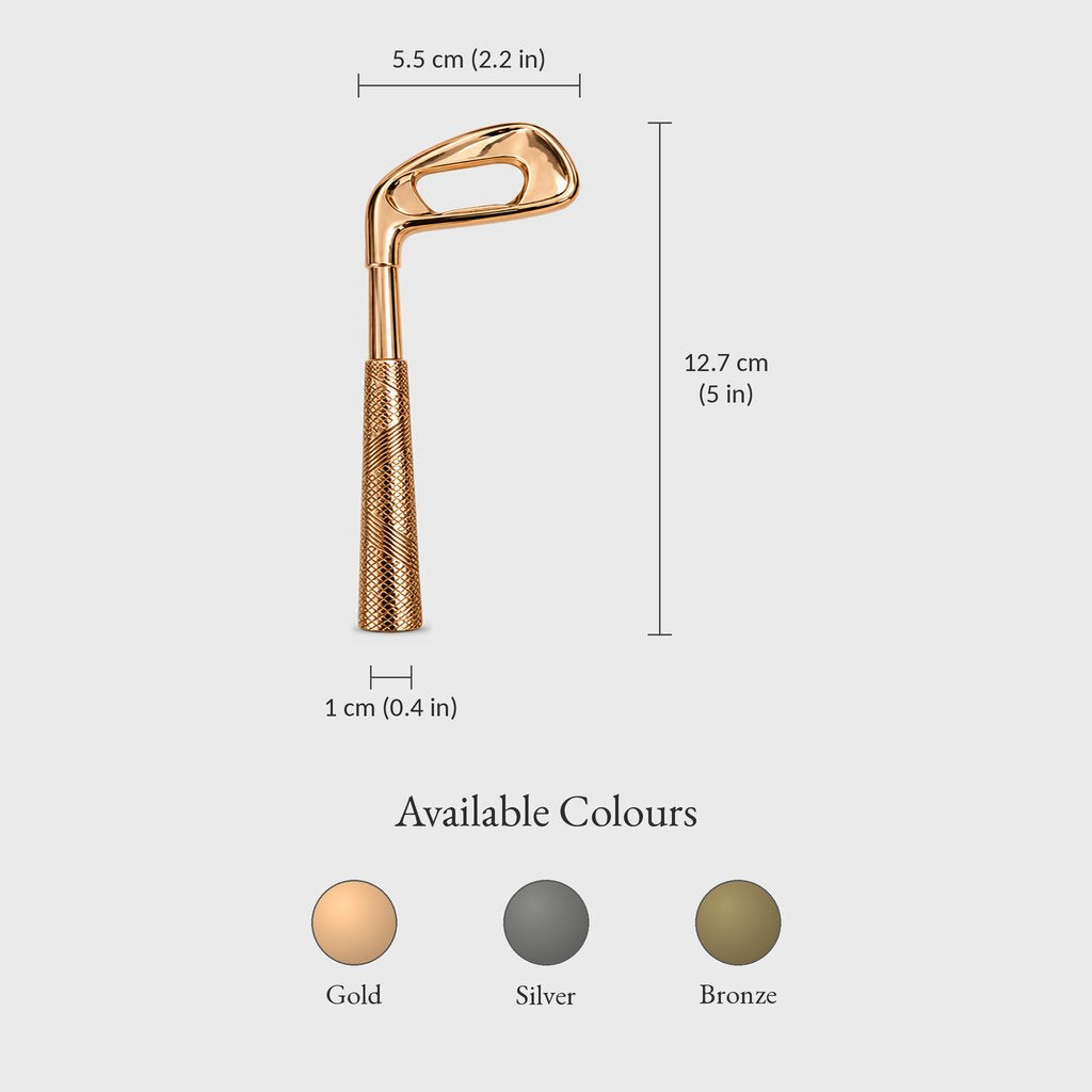 Dimensions graphic of a golf club shaped bottle opener, length 12.7 cm or 5 in, head width 5.5 cm or 2.2 in and grip width 1 cm or 0.4 in, with gold, silver and bronze color swatches