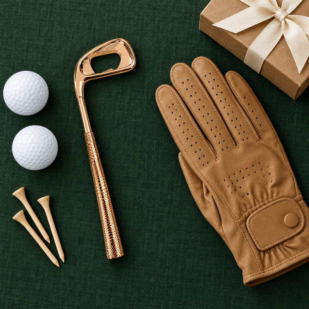 Gold golf club shaped bottle opener on a dark green cloth beside two golf balls, wooden tees, a tan golf glove and a wrapped gift