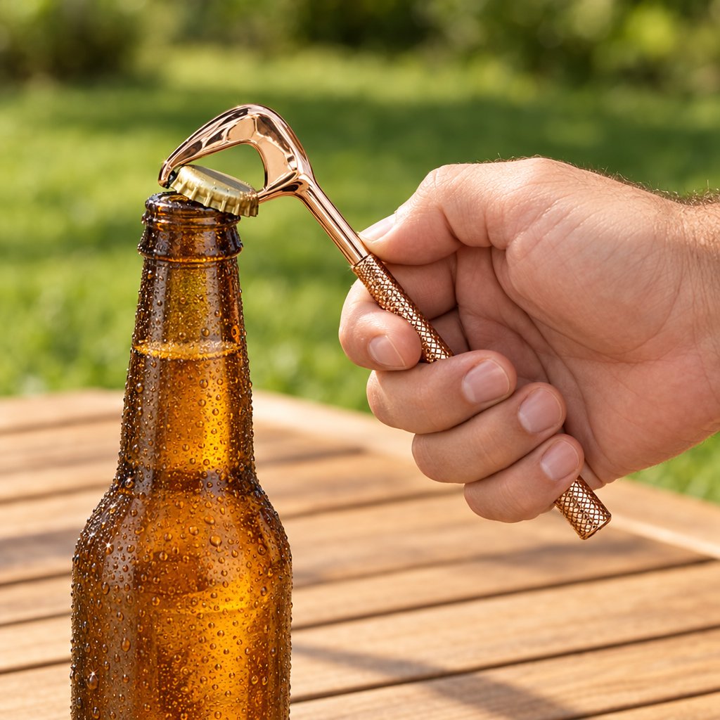 Hand using a gold golf club shaped bottle opener to open a brown beer bottle on an outdoor wood table
