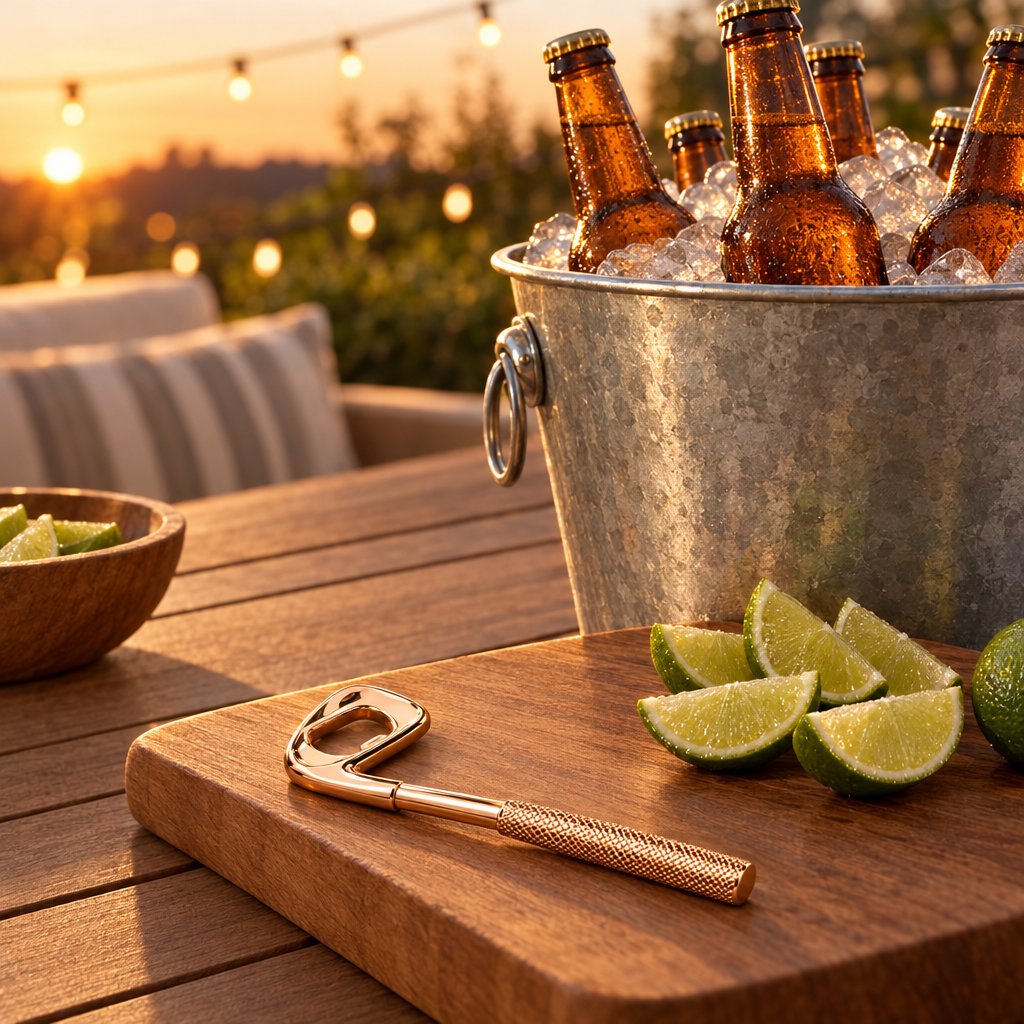 Gold golf club shaped bottle opener on a wood cutting board beside lime wedges, with a metal bucket of beer bottles on ice on an outdoor table at sunset