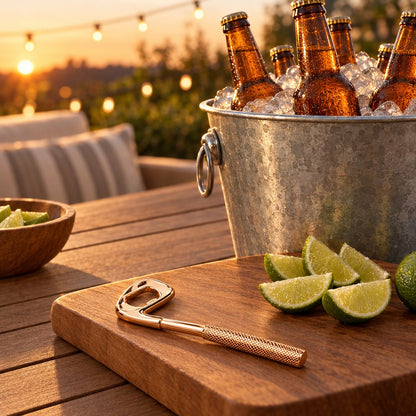 Gold golf club shaped bottle opener on a wood cutting board beside lime wedges, with a metal bucket of beer bottles on ice on an outdoor table at sunset