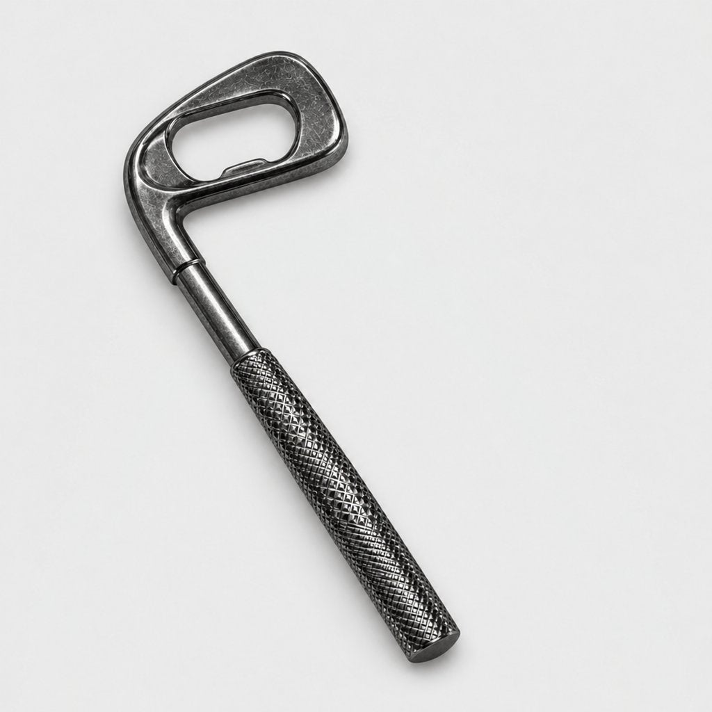 Silver gunmetal golf club shaped bottle opener on a plain light background