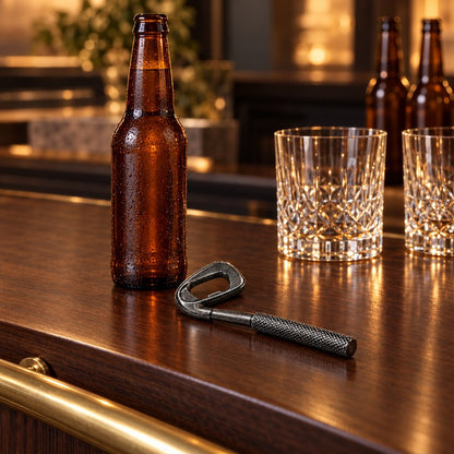 Silver gunmetal golf club shaped bottle opener on a dark wood bar beside a brown beer bottle and two whiskey glasses