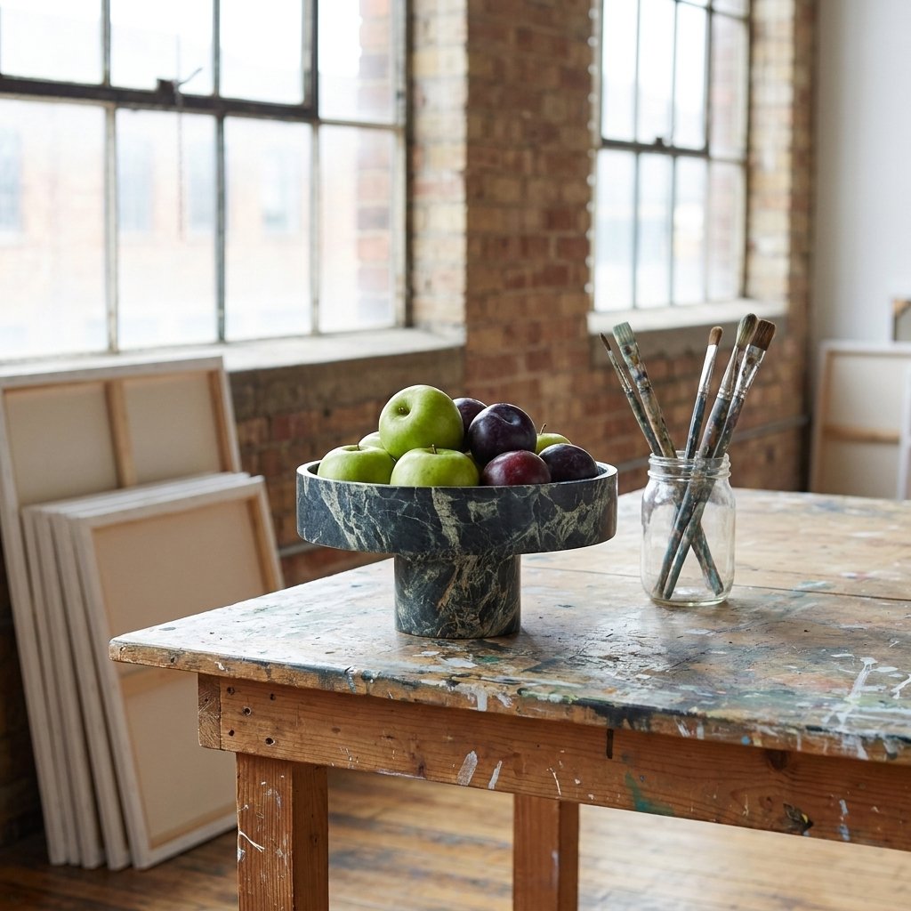 Green marble pedestal fruit bowl filled with apples and plums on a paint-splattered table in an artist's studio