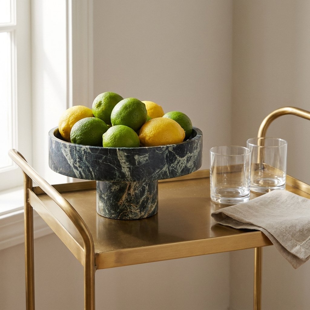 Green marble pedestal fruit bowl filled with lemons and limes on a brass bar cart