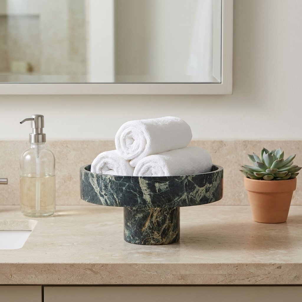 Green marble pedestal bowl holding rolled white hand towels on a bathroom counter