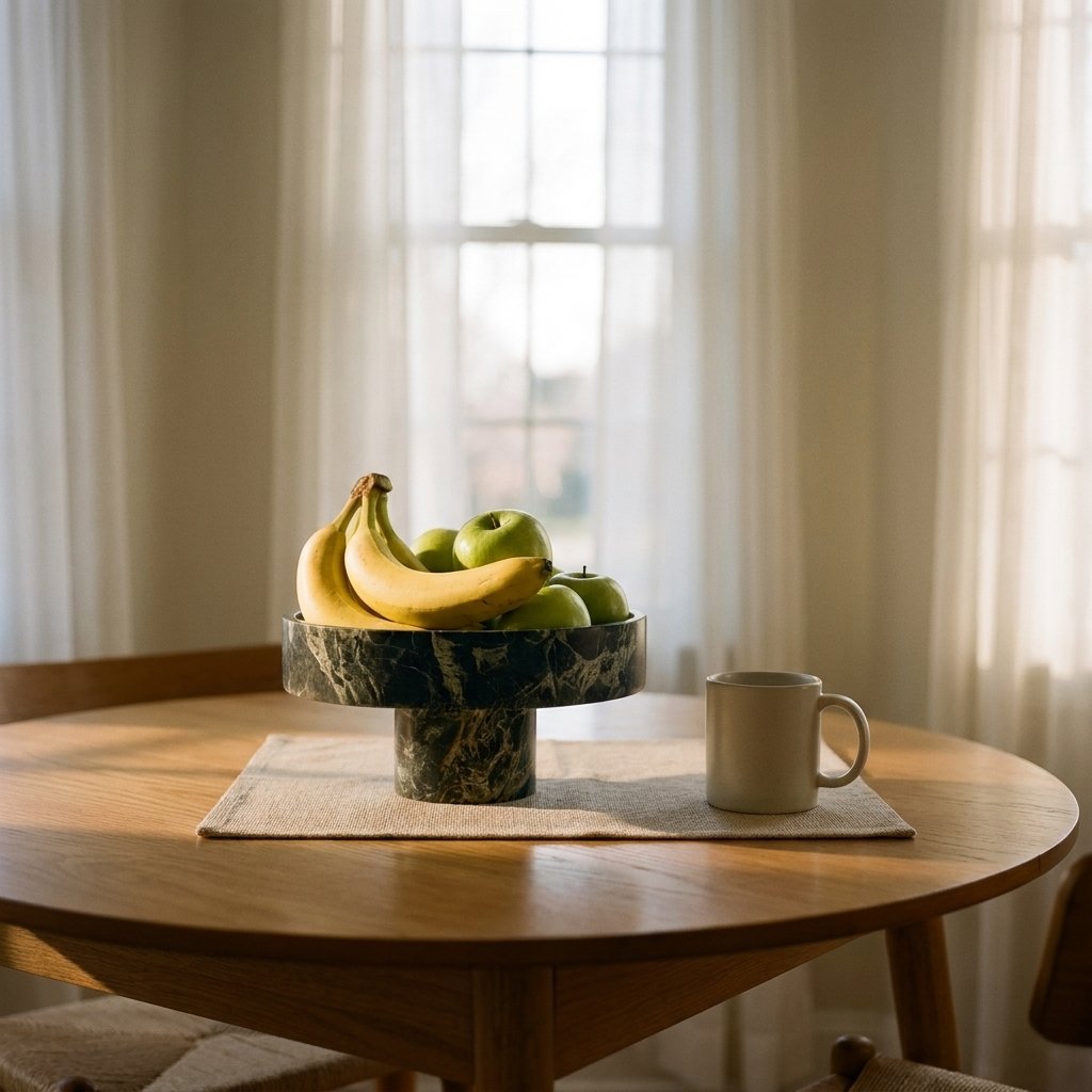 Green marble pedestal fruit bowl filled with bananas and green apples on a sunlit breakfast table