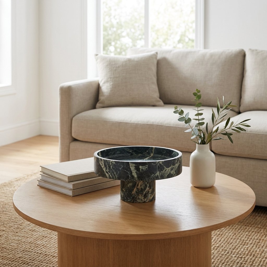 Empty green marble pedestal fruit bowl on a wood coffee table beside a stack of books and a vase of greenery