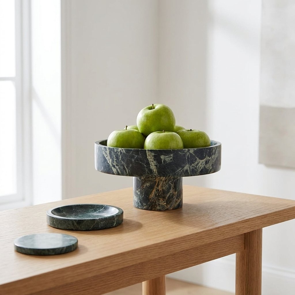 Green marble pedestal fruit bowl filled with green apples on a console table beside matching marble coasters