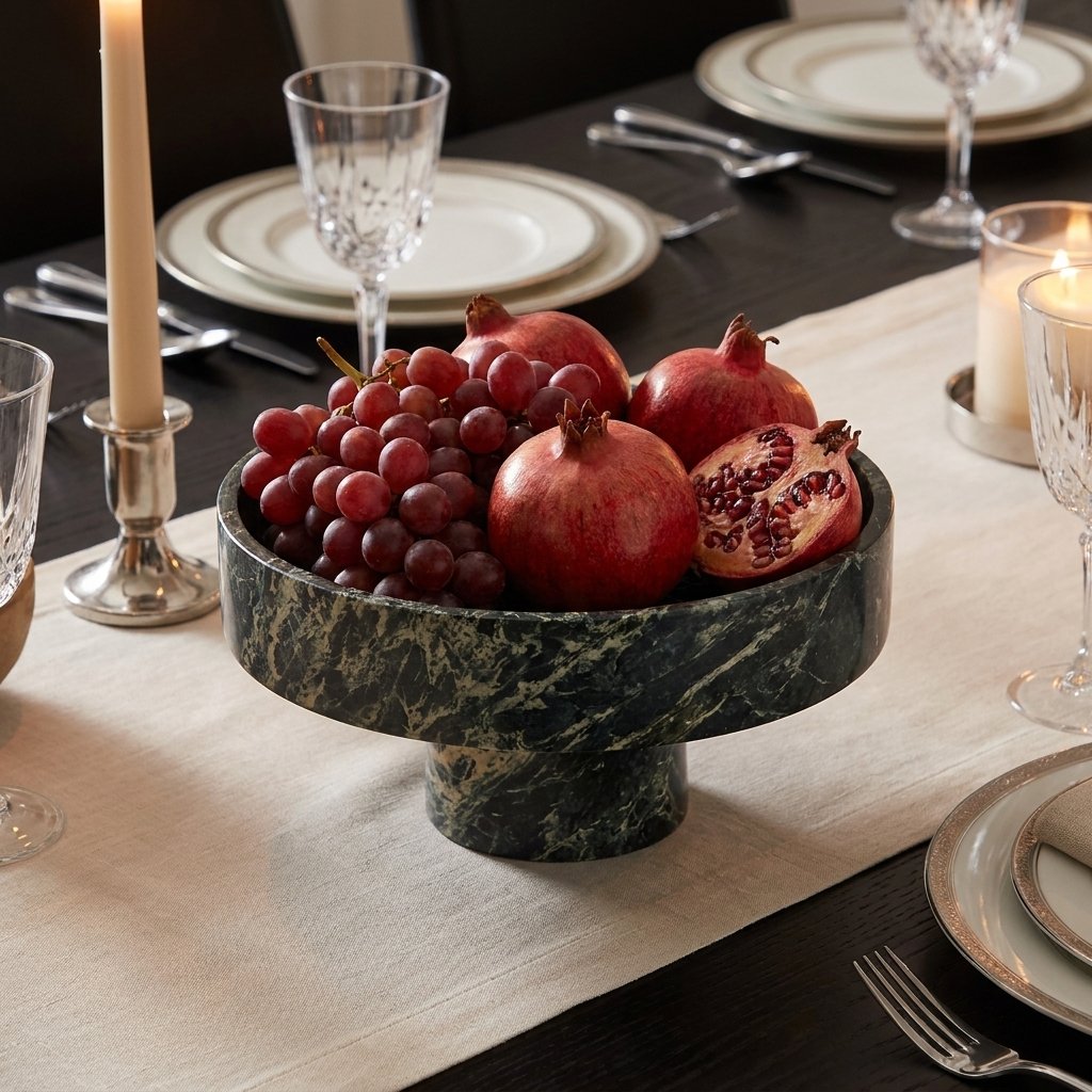 Green marble pedestal fruit bowl filled with pomegranates and red grapes on a formally set dining table with lit candles