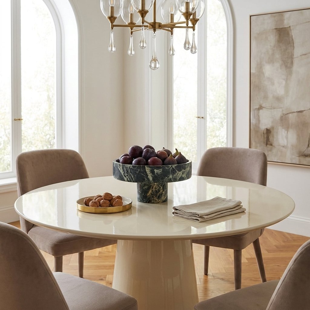 Green marble pedestal fruit bowl filled with plums and figs on a round dining table beneath a brass chandelier