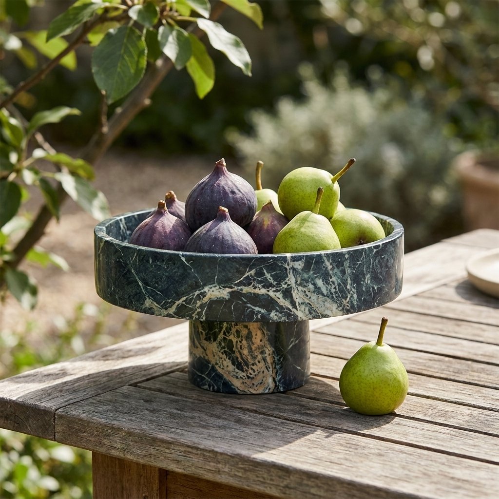 Green marble pedestal fruit bowl filled with figs and pears on an outdoor wood garden table