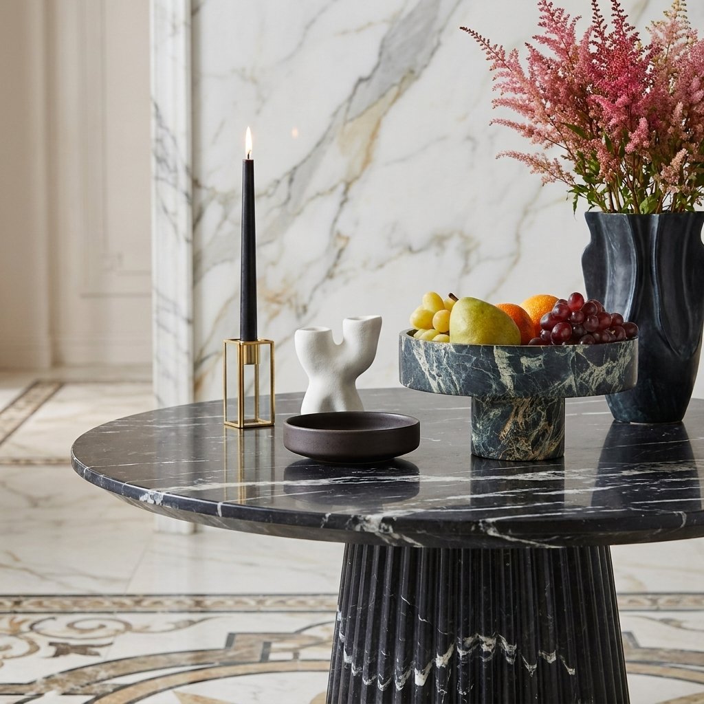 Green marble pedestal fruit bowl filled with mixed grapes, pear, and orange on a dark marble table beside a vase of pink flowers and a lit candle