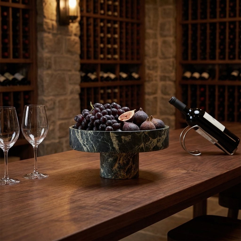 Green marble pedestal fruit bowl filled with grapes and figs in a wine cellar beside stone wine racks
