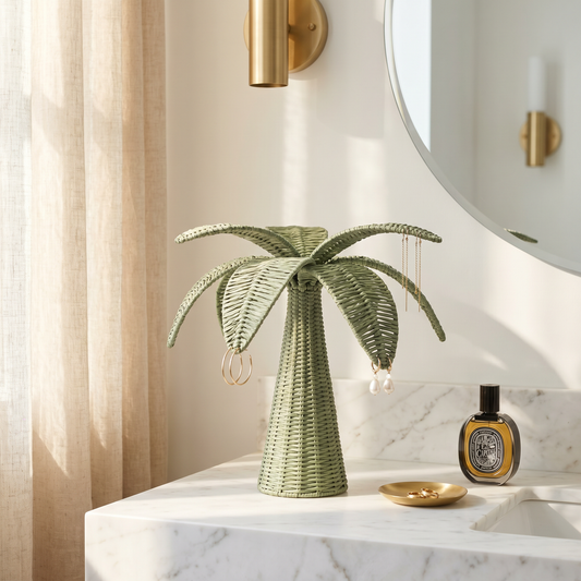 Decorative palm tree lamp on a marble surface with a mirror and curtain in the background
