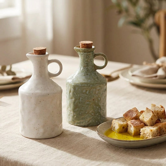 White and sage green ceramic olive oil bottles on a linen-dressed table beside a plate of bread cubes soaked in olive oil