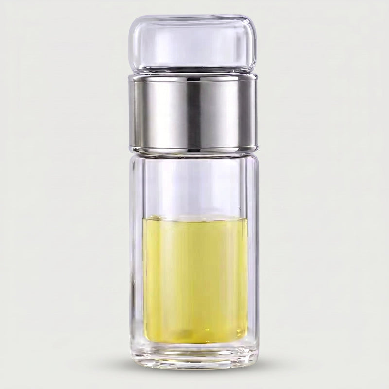 Silver loose leaf tea infuser water bottle on white background