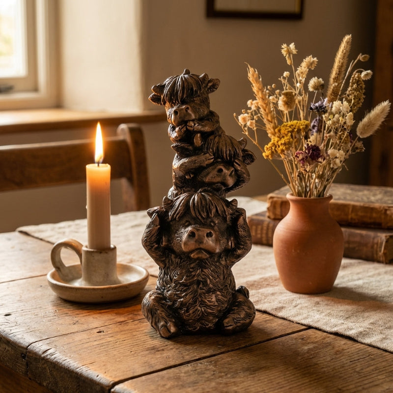 Decorative stone sculpture of three animals on a wooden table with a candle and vase of flowers.