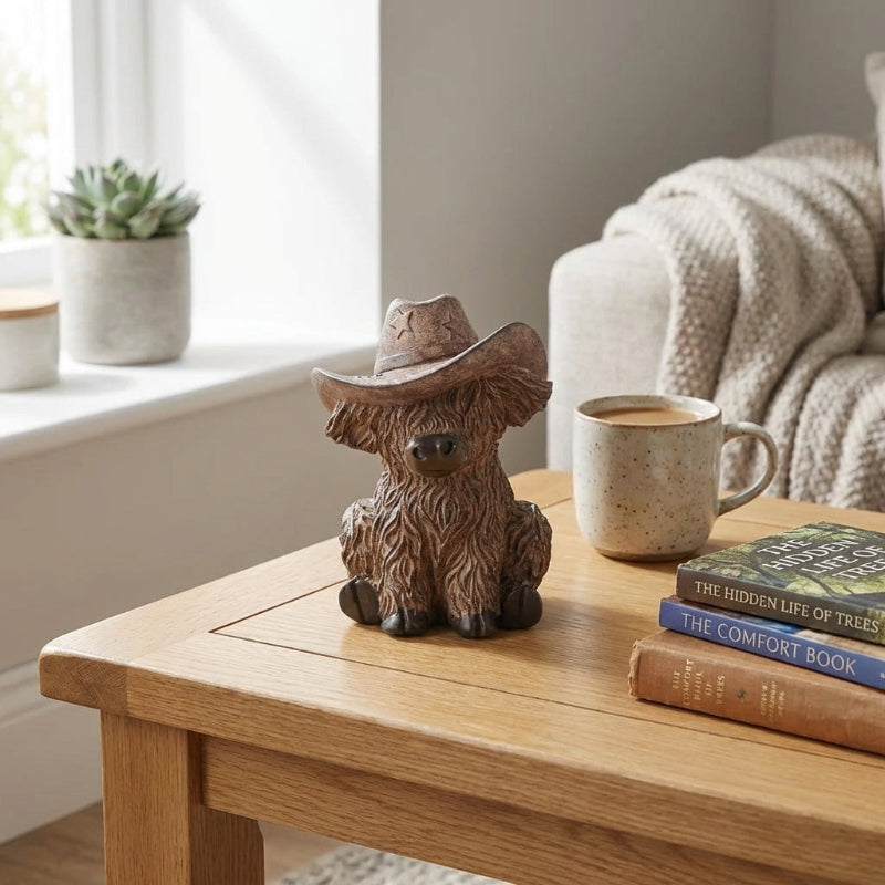 Decorative cow figurine wearing a cowboy hat on a wooden table with a mug and books.