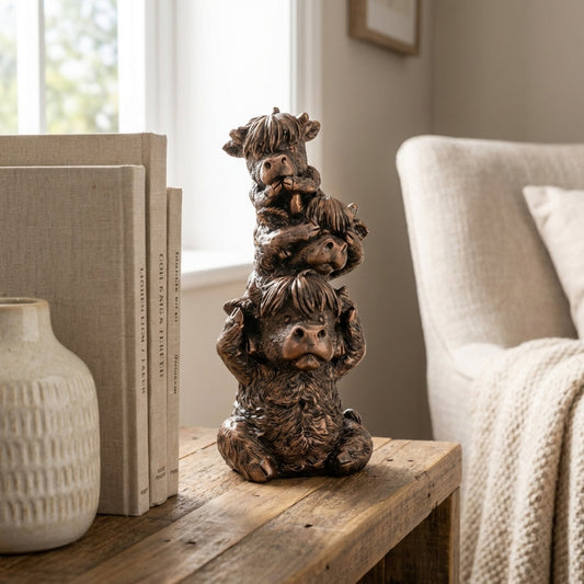 Decorative sculpture of stacked animal figures on a wooden surface with books and a vase in the background.