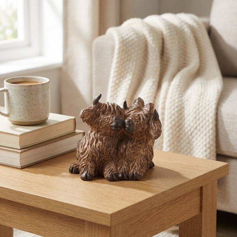 Decorative figurine of three bears on a wooden table with books and a mug in the background.