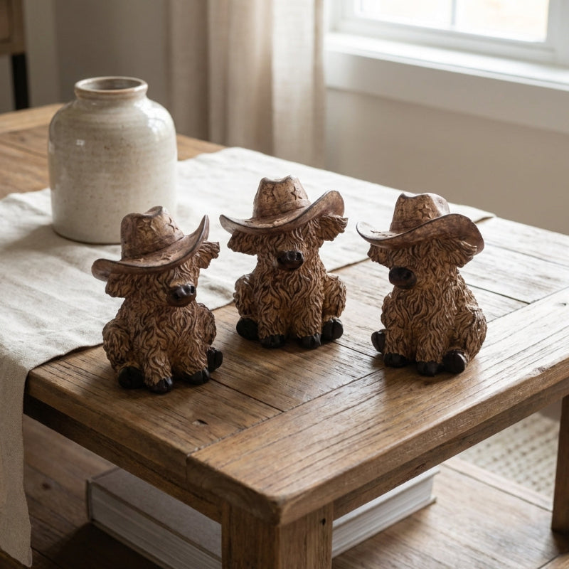 Three cow figurines wearing cowboy hats on a wooden table with a vase in the background.
