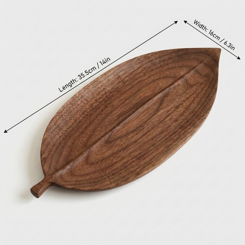 Large elliptical walnut leaf tray labeled 35.5 cm long and 16 cm wide
