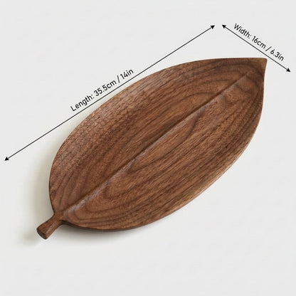 Large elliptical walnut leaf tray labeled 35.5 cm long and 16 cm wide