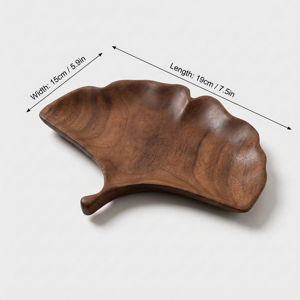 Ginkgo walnut leaf tray labeled 19 cm long and 15 cm wide