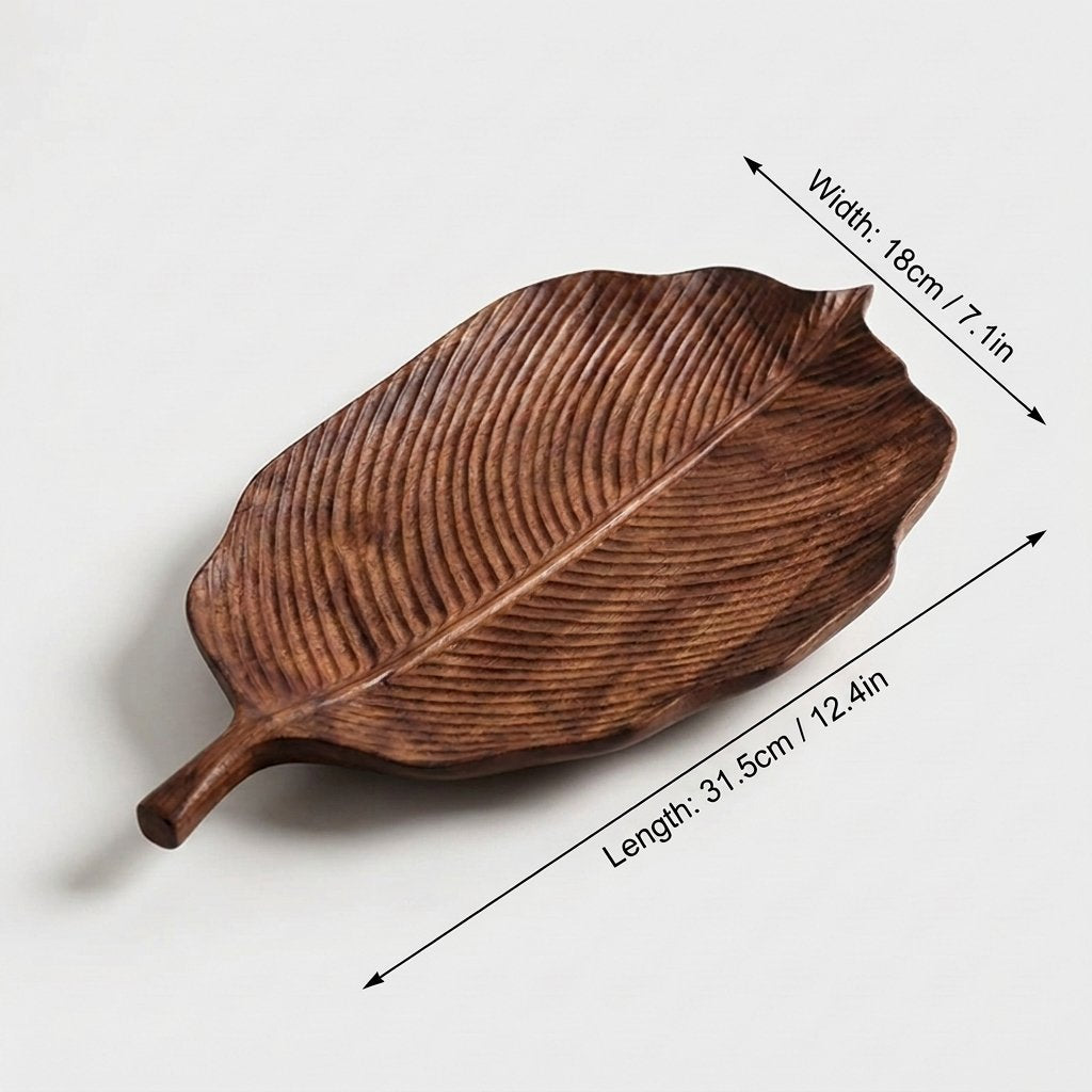 Large hazel walnut leaf tray labeled 31.5 cm long and 18 cm wide