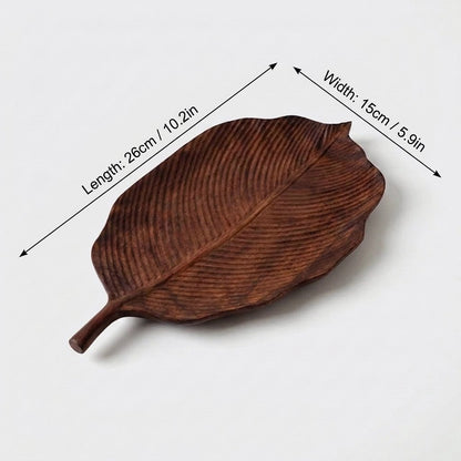 Small hazel walnut leaf tray labeled 26 cm long and 15 cm wide