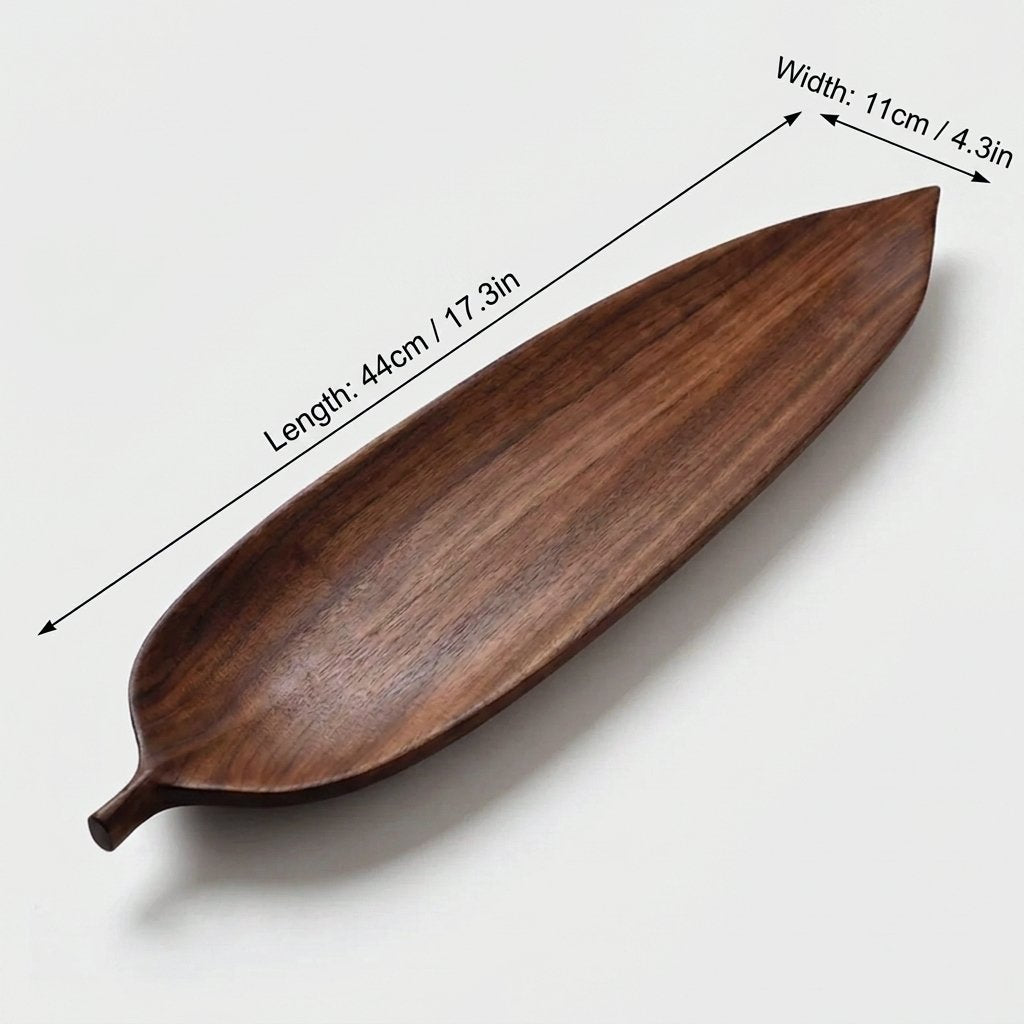 Lanceolate walnut leaf tray labeled 44 cm long and 11 cm wide
