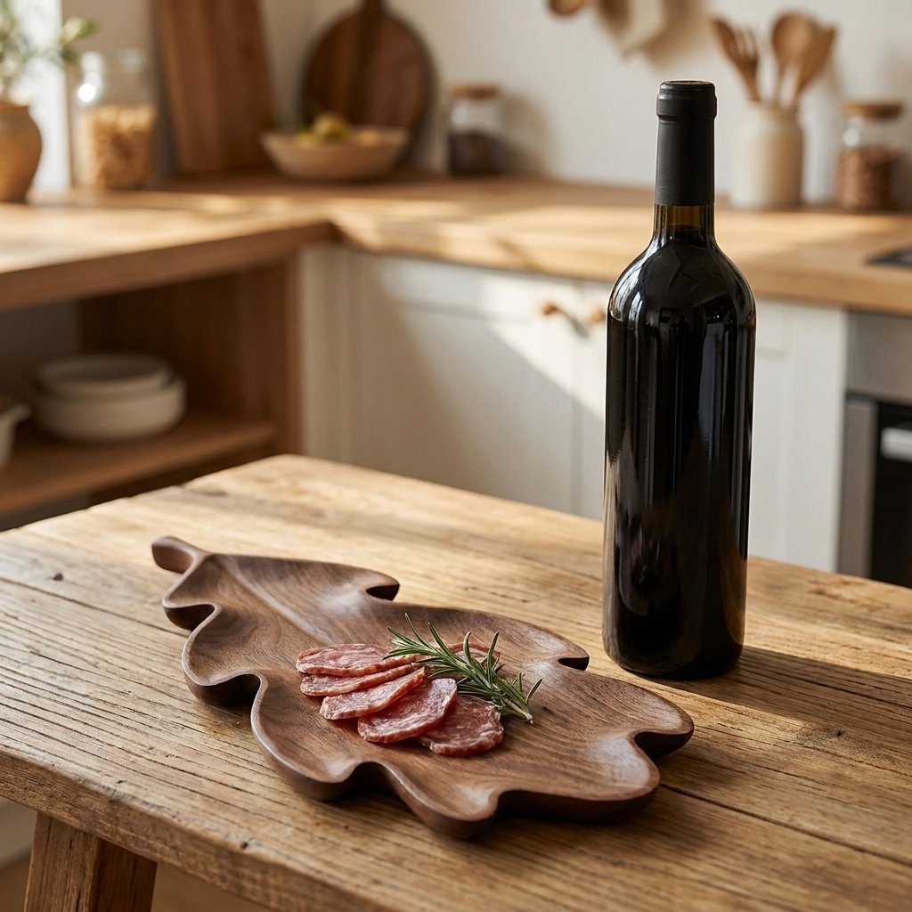 Lobed walnut leaf tray with salami slices and a rosemary sprig beside a wine bottle on a rustic table