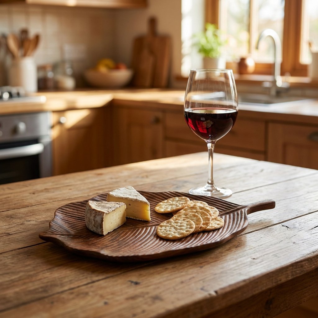 Ribbed walnut leaf tray with soft cheese wedges and round crackers beside a glass of red wine