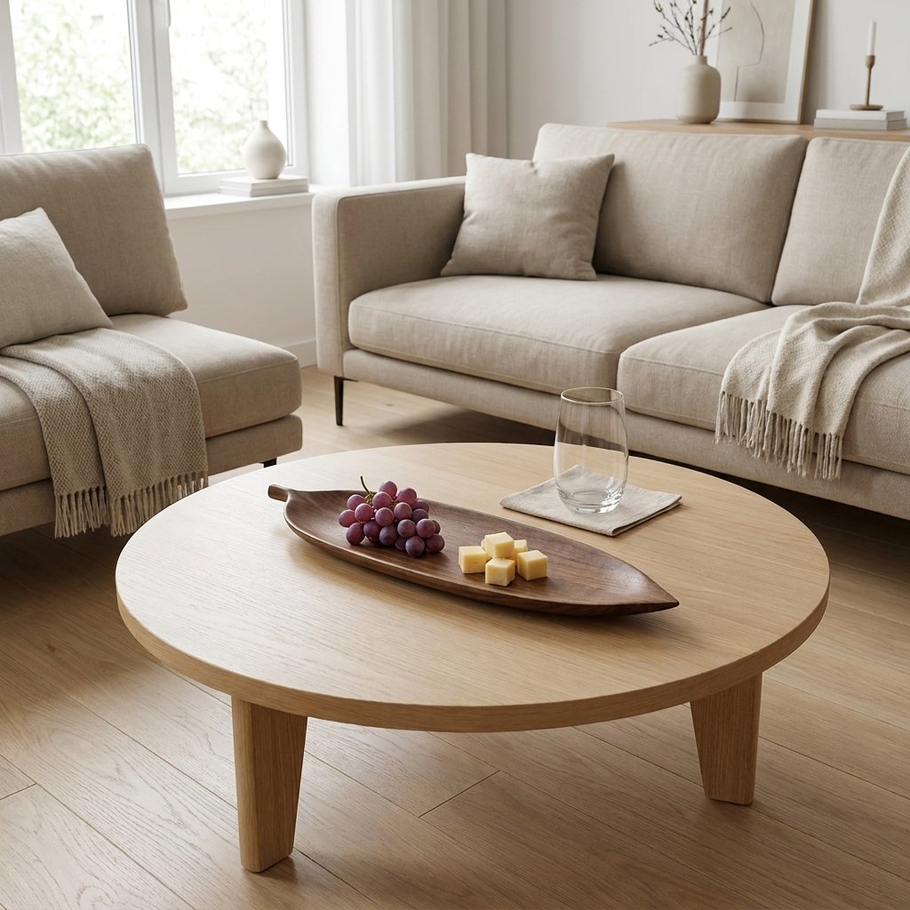 Long narrow lanceolate walnut leaf tray holding grapes and cheese cubes on a round oak coffee table